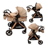 Carucior Copii 3 In 1 Belecoo CLASS Plus Beige Roti Cauciuc, Landou Reversibil Transformabil