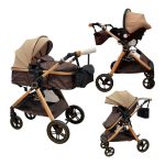 Carucior Copii 3 In 1 Belecoo CLASS Plus Coffee Roti Cauciuc, Landou Reversibil Transformabil